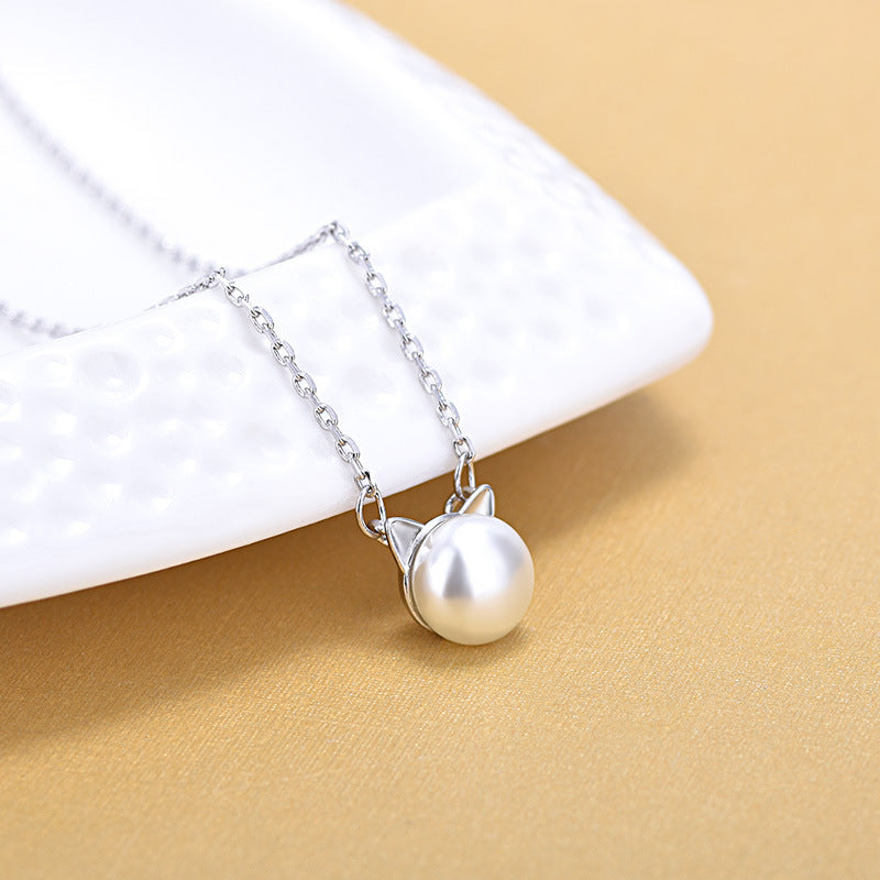 Pearl Cat Ears Plated Platinum Short Necklace Clavicle Chain