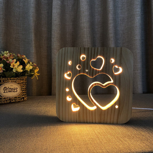 Two Hearts Night Light Creative Nordic Wood Lamp